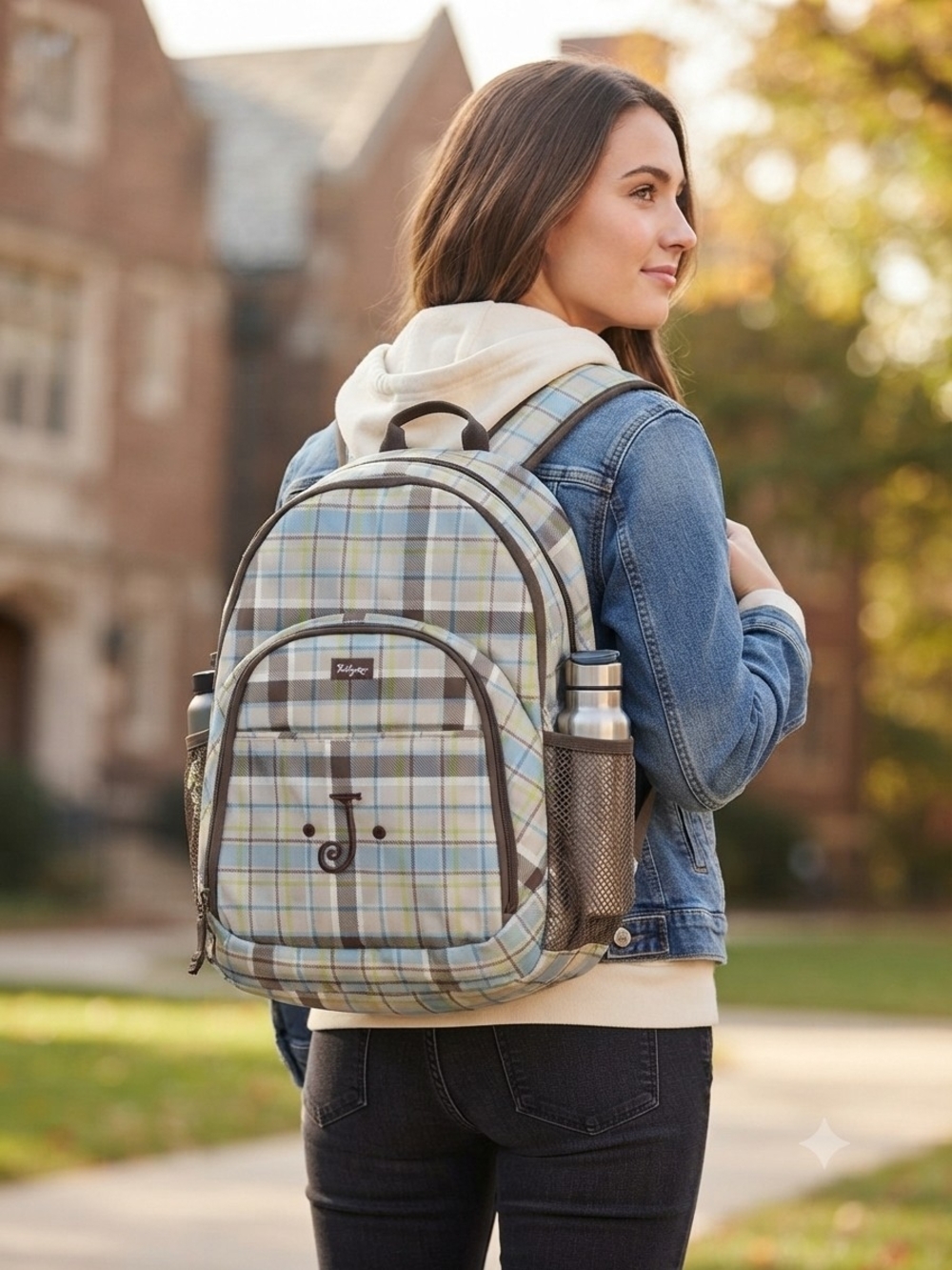 Thirty-One Backpack Plaid Blue Beige Personalized Embroidered 'J' Good Cond